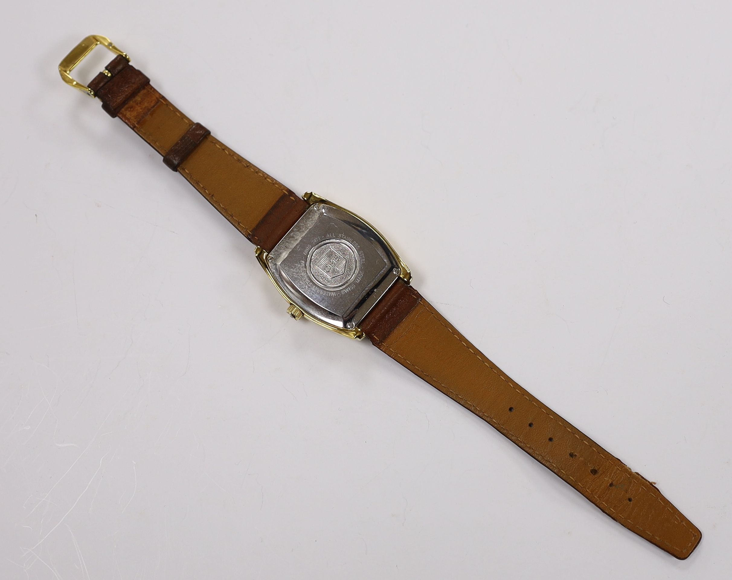 A gentleman's steel and gold plated Oris Automatic wrist watch with tonneau case and two subsidiary dials, on a leather strap with Oris buckle, case diameter 33mm, with Oris box.
